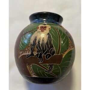Nicaragua Folk Art Pottery Hand Carved Etched Monkey Bird Butterfly Tropical